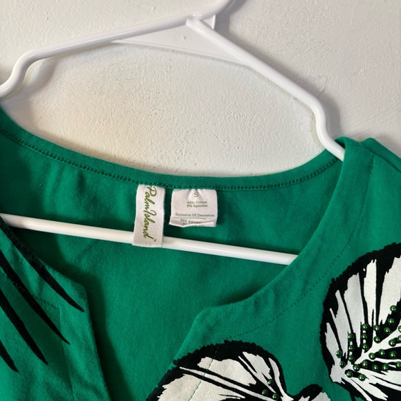 Palm Island Green Floral 3/4 SLIT Sleeve Elastic Waist Pullover V Neck TOP Small - Picture 5 of 6